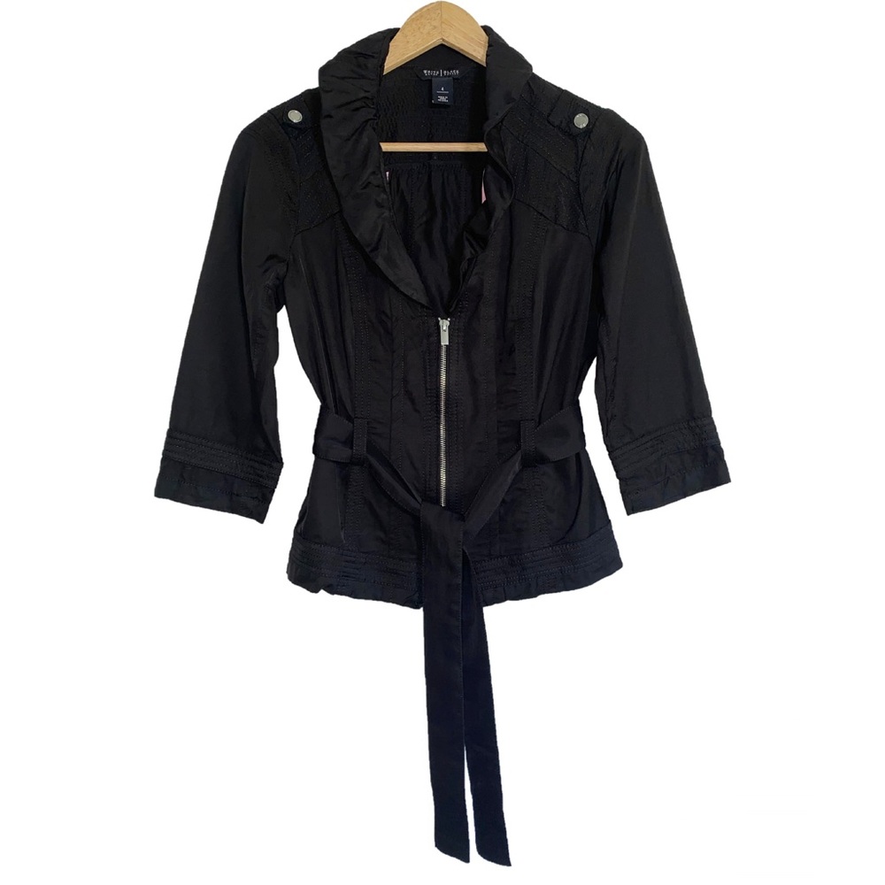 WHBM | Black Ruffle Neck 3/4 Sleeve Full Zip Tie Belt Blazer Jacket Size 4